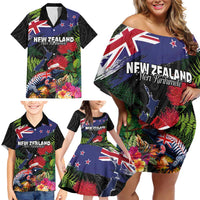 New Zealand Christmas Family Matching Off Shoulder Short Dress and Hawaiian Shirt Meri Kirihimete-Tuatara and Pohutukawa Black Color LT03 - Polynesian Pride