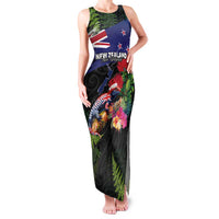 New Zealand Christmas Family Matching Tank Maxi Dress and Hawaiian Shirt Meri Kirihimete-Tuatara and Pohutukawa Black Color LT03 Mom's Dress Black - Polynesian Pride