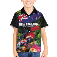 New Zealand Christmas Kid Hawaiian Shirt Meri Kirihimete-Tuatara and Pohutukawa Black Color LT03 Kid Black - Polynesian Pride