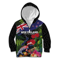 New Zealand Christmas Kid Hoodie Meri Kirihimete-Tuatara and Pohutukawa Black Color LT03 Zip Hoodie Black - Polynesian Pride