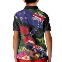 New Zealand Christmas Kid Polo Shirt Meri Kirihimete-Tuatara and Pohutukawa Black Color LT03 - Polynesian Pride