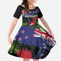 New Zealand Christmas Kid Short Sleeve Dress Meri Kirihimete-Tuatara and Pohutukawa Black Color LT03 KID Black - Polynesian Pride