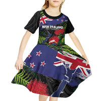 New Zealand Christmas Kid Short Sleeve Dress Meri Kirihimete-Tuatara and Pohutukawa Black Color LT03 - Polynesian Pride