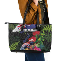 New Zealand Christmas Leather Tote Bag Meri Kirihimete-Tuatara and Pohutukawa Black Color LT03 - Polynesian Pride