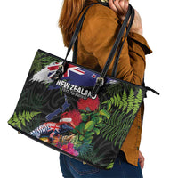New Zealand Christmas Leather Tote Bag Meri Kirihimete-Tuatara and Pohutukawa Black Color LT03 - Polynesian Pride