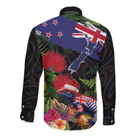 New Zealand Christmas Long Sleeve Button Shirt Meri Kirihimete-Tuatara and Pohutukawa Black Color LT03 - Polynesian Pride