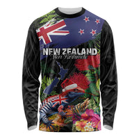 New Zealand Christmas Long Sleeve Shirt Meri Kirihimete-Tuatara and Pohutukawa Black Color LT03 Unisex Black - Polynesian Pride