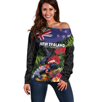 New Zealand Christmas Off Shoulder Sweater Meri Kirihimete-Tuatara and Pohutukawa Black Color LT03 Women Black - Polynesian Pride