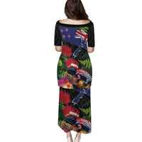 New Zealand Christmas Puletasi Meri Kirihimete-Tuatara and Pohutukawa Black Color LT03 - Polynesian Pride