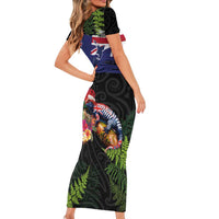 New Zealand Christmas Short Sleeve Bodycon Dress Meri Kirihimete-Tuatara and Pohutukawa Black Color LT03 - Polynesian Pride