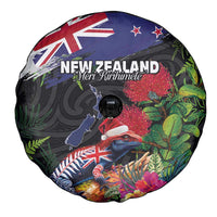 New Zealand Christmas Spare Tire Cover Meri Kirihimete-Tuatara and Pohutukawa Black Color LT03 - Polynesian Pride