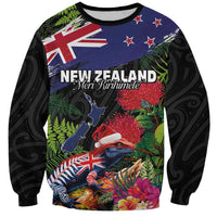 New Zealand Christmas Sweatshirt Meri Kirihimete-Tuatara and Pohutukawa Black Color LT03 Unisex Black - Polynesian Pride