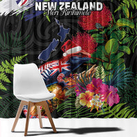 New Zealand Christmas Window Curtain Meri Kirihimete-Tuatara and Pohutukawa Black Color LT03 - Polynesian Pride