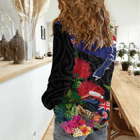 New Zealand Christmas Women Casual Shirt Meri Kirihimete-Tuatara and Pohutukawa Black Color LT03 - Polynesian Pride