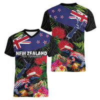 New Zealand Christmas Women V-Neck T-Shirt Meri Kirihimete-Tuatara and Pohutukawa Black Color