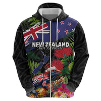New Zealand Christmas Zip Hoodie Meri Kirihimete-Tuatara and Pohutukawa Black Color LT03 - Polynesian Pride