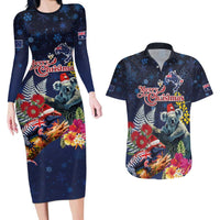 Australia and New Zealand Couples Matching Long Sleeve Bodycon Dress and Hawaiian Shirt Merry Christmas-Tuatara and Koala with Plants Xmas Style LT03 Navy - Polynesian Pride