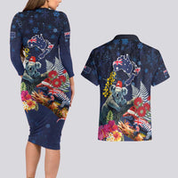 Australia and New Zealand Couples Matching Long Sleeve Bodycon Dress and Hawaiian Shirt Merry Christmas-Tuatara and Koala with Plants Xmas Style LT03 - Polynesian Pride