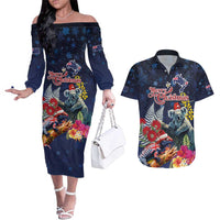 Australia and New Zealand Couples Matching Off The Shoulder Long Sleeve Dress and Hawaiian Shirt Merry Christmas-Tuatara and Koala with Plants Xmas Style LT03 Navy - Polynesian Pride