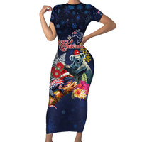Australia and New Zealand Family Matching Short Sleeve Bodycon Dress and Hawaiian Shirt Merry Christmas-Tuatara and Koala with Plants Xmas Style LT03 Mom's Dress Navy - Polynesian Pride