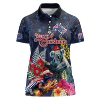 Australia and New Zealand Women Polo Shirt Merry Christmas-Tuatara and Koala with Plants Xmas Style LT03 Female Navy - Polynesian Pride