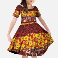 Samoa Siapo and Tapa Family Matching Off The Shoulder Long Sleeve Dress and Hawaiian Shirt Pacific Tribal Pattern with Hibiscus Striped Style LT03 Daughter's Dress Red - Polynesian Pride