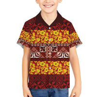 Samoa Siapo and Tapa Family Matching Off The Shoulder Long Sleeve Dress and Hawaiian Shirt Pacific Tribal Pattern with Hibiscus Striped Style LT03 Son's Shirt Red - Polynesian Pride