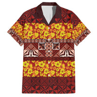 Samoa Siapo and Tapa Family Matching Short Sleeve Bodycon Dress and Hawaiian Shirt Pacific Tribal Pattern with Hibiscus Striped Style LT03 Dad's Shirt - Short Sleeve Red - Polynesian Pride