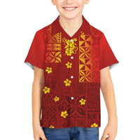 Samoa Tapa Pacific Tribal Pattern Family Matching Off The Shoulder Long Sleeve Dress and Hawaiian Shirt Hibiscus and Plumeria LT03 Son's Shirt Red - Polynesian Pride