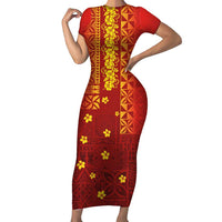 Samoa Tapa Pacific Tribal Pattern Family Matching Short Sleeve Bodycon Dress and Hawaiian Shirt Hibiscus and Plumeria LT03 Mom's Dress Red - Polynesian Pride