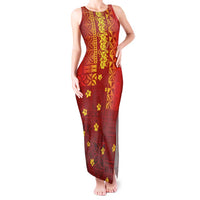 Samoa Tapa Pacific Tribal Pattern Tank Maxi Dress Hibiscus and Plumeria