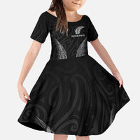 New Zealand Netball Family Matching Off The Shoulder Long Sleeve Dress and Hawaiian Shirt Koru and Maori Tattoo Jersey LT03 Daughter's Dress Black - Polynesian Pride