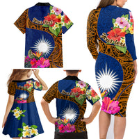 Personalised Marshall Islands Manit Day Family Matching Long Sleeve Bodycon Dress and Hawaiian Shirt Marshall Seal Mix Hibiscus Flower Maori Pattern Style LT03 - Polynesian Pride
