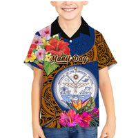 Personalised Marshall Islands Manit Day Family Matching Mermaid Dress and Hawaiian Shirt Marshall Seal Mix Hibiscus Flower Maori Pattern Style LT03 Son's Shirt Blue - Polynesian Pride