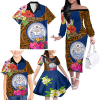 Personalised Marshall Islands Manit Day Family Matching Off Shoulder Long Sleeve Dress and Hawaiian Shirt Marshall Seal Mix Hibiscus Flower Maori Pattern Style LT03 - Polynesian Pride