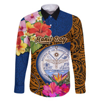 Personalised Marshall Islands Manit Day Family Matching Off Shoulder Short Dress and Hawaiian Shirt Marshall Seal Mix Hibiscus Flower Maori Pattern Style LT03 Dad's Shirt - Long Sleeve Blue - Polynesian Pride