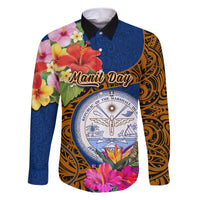 Personalised Marshall Islands Manit Day Family Matching Short Sleeve Bodycon Dress and Hawaiian Shirt Marshall Seal Mix Hibiscus Flower Maori Pattern Style LT03 Dad's Shirt - Long Sleeve Blue - Polynesian Pride