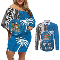Fiji Rugby Couples Matching Off Shoulder Short Dress and Long Sleeve Button Shirts Coat of Arms Palm Tree Mix Polynesia Tapa Pattern LT03 Blue - Polynesian Pride