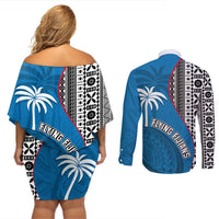 Fiji Rugby Couples Matching Off Shoulder Short Dress and Long Sleeve Button Shirts Coat of Arms Palm Tree Mix Polynesia Tapa Pattern LT03 - Polynesian Pride