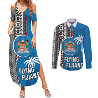 Fiji Rugby Couples Matching Summer Maxi Dress and Long Sleeve Button Shirts Coat of Arms Palm Tree Mix Polynesia Tapa Pattern LT03 Blue - Polynesian Pride