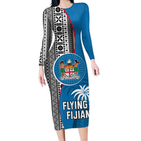 Custom Fiji Rugby Family Matching Long Sleeve Bodycon Dress and Hawaiian Shirt Coat of Arms Palm Tree Mix Polynesia Tapa Pattern LT03 Mom's Dress Blue - Polynesian Pride