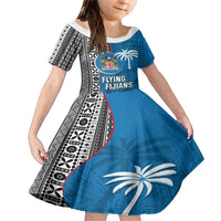 Custom Fiji Rugby Family Matching Mermaid Dress and Hawaiian Shirt Coat of Arms Palm Tree Mix Polynesia Tapa Pattern LT03 Daughter's Dress Blue - Polynesian Pride