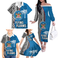 Custom Fiji Rugby Family Matching Off Shoulder Long Sleeve Dress and Hawaiian Shirt Coat of Arms Palm Tree Mix Polynesia Tapa Pattern LT03 - Polynesian Pride