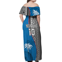 Custom Fiji Rugby Off Shoulder Maxi Dress Coat of Arms Palm Tree Mix Polynesia Tapa Pattern LT03 - Polynesian Pride