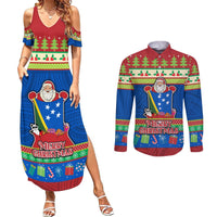 Personalised Solomon Islands Christmas Couples Matching Summer Maxi Dress and Long Sleeve Button Shirt Santa With Flag Of Solomon Polynesian Tribal Xmas Vibe LT03 Blue - Polynesian Pride