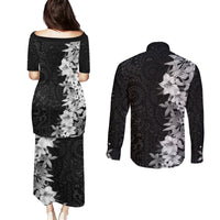 Hawaii Tropical Leaves and Flowers Couples Matching Puletasi and Long Sleeve Button Shirt Tribal Polynesian Pattern Black White Style LT03 - Polynesian Pride