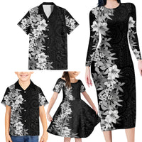 Hawaii Tropical Leaves and Flowers Family Matching Long Sleeve Bodycon Dress and Hawaiian Shirt Tribal Polynesian Pattern Black White Style LT03 - Polynesian Pride