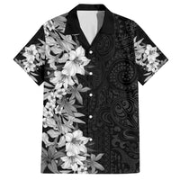 Hawaii Tropical Leaves and Flowers Family Matching Off Shoulder Long Sleeve Dress and Hawaiian Shirt Tribal Polynesian Pattern Black White Style LT03 Dad's Shirt - Short Sleeve Black - Polynesian Pride