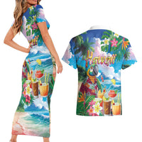 Hawaii Cocktails Couples Matching Short Sleeve Bodycon Dress and Hawaiian Shirt Parrot with Cute Beach Landscape and Tropical Plants LT03 - Polynesian Pride