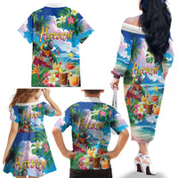 Hawaii Cocktails Family Matching Off The Shoulder Long Sleeve Dress and Hawaiian Shirt Parrot with Cute Beach Landscape and Tropical Plants LT03 - Polynesian Pride